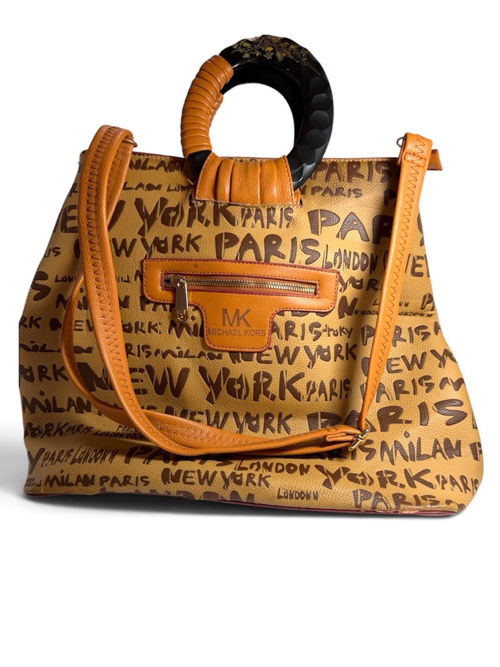 Michael Kors Tan and Black Graffiti Print Tote with Wrapped Top Handle